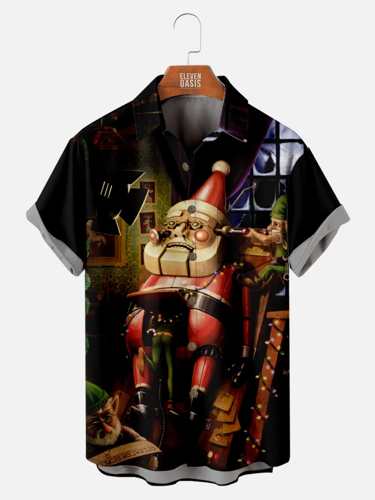 Men's Elves Building Mechanical Santa Short Sleeve Shirt sold by Eleven Oasis