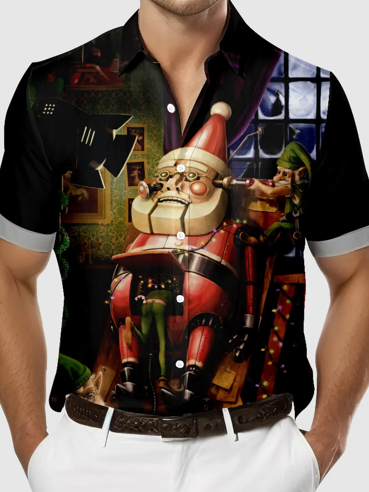 Men's Elves Building Mechanical Santa Short Sleeve Shirt sold by Eleven Oasis product image thumbnail 3