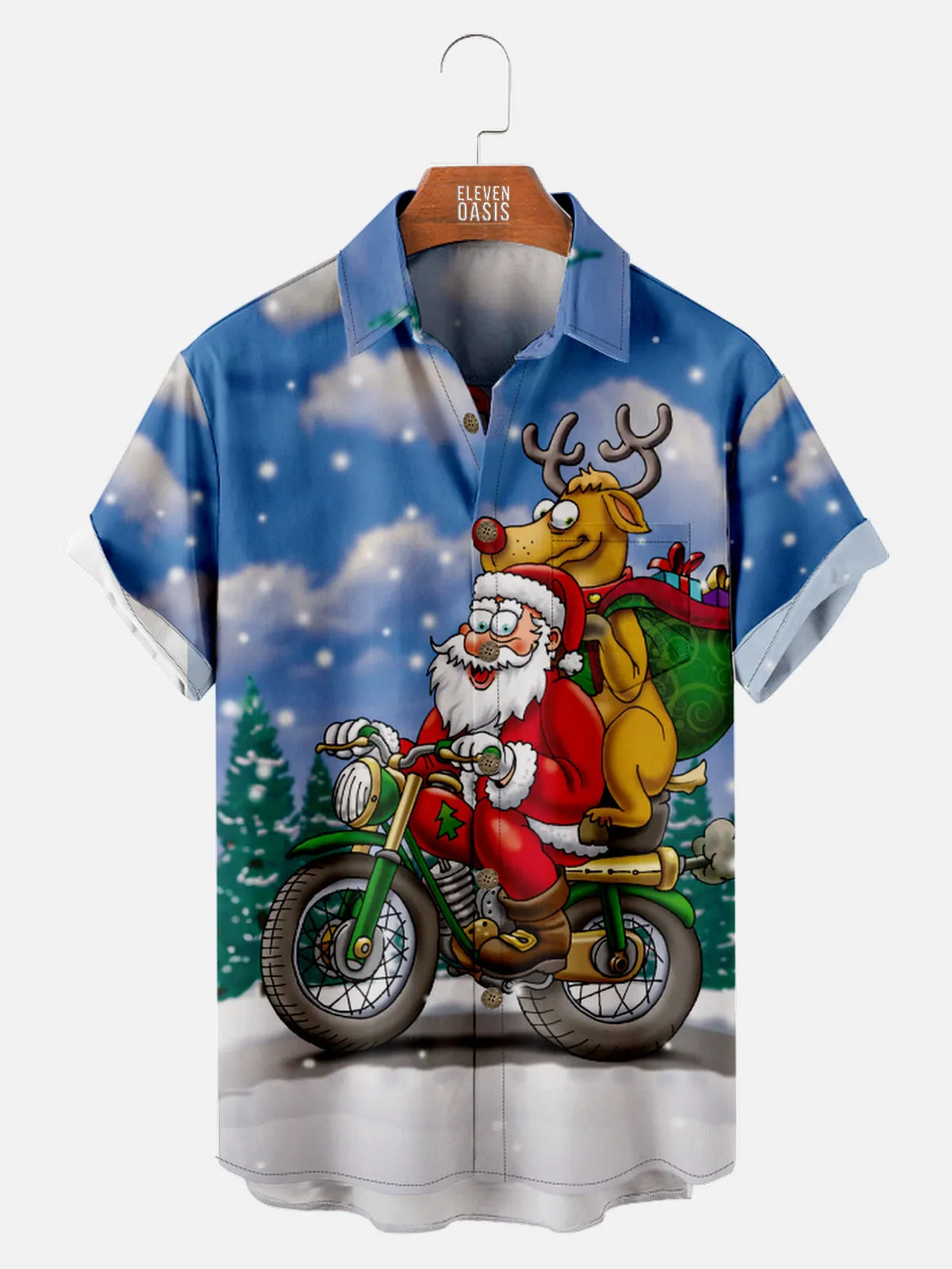 Men's Santa and Rodolphe Now Delivers Presents Via Motorcycle Short Sleeve Shirt sold by Eleven Oasis