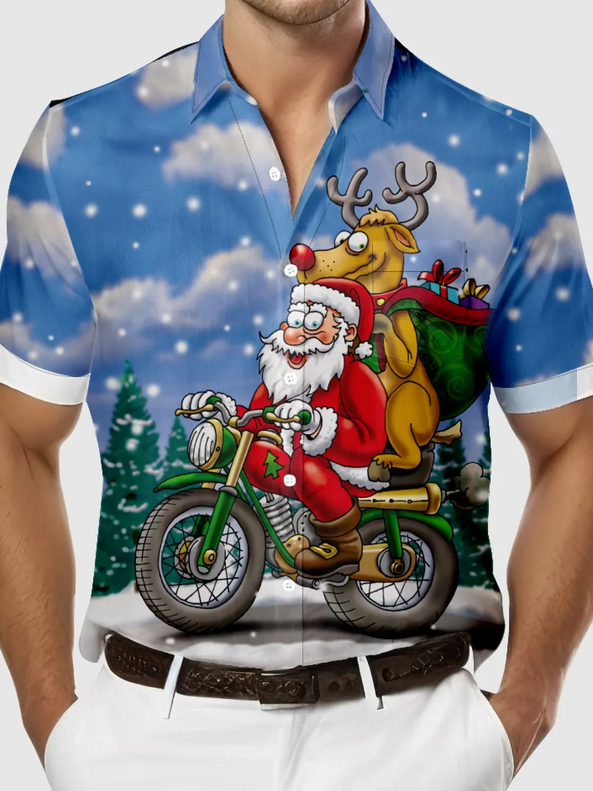 Men's Santa and Rodolphe Now Delivers Presents Via Motorcycle Short Sleeve Shirt sold by Eleven Oasis product image thumbnail 3