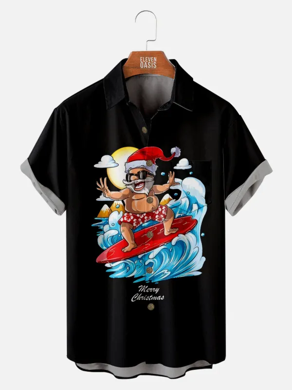 Men's Surfing Santa Merry Christmas Short Sleeve Shirt sold by Eleven Oasis