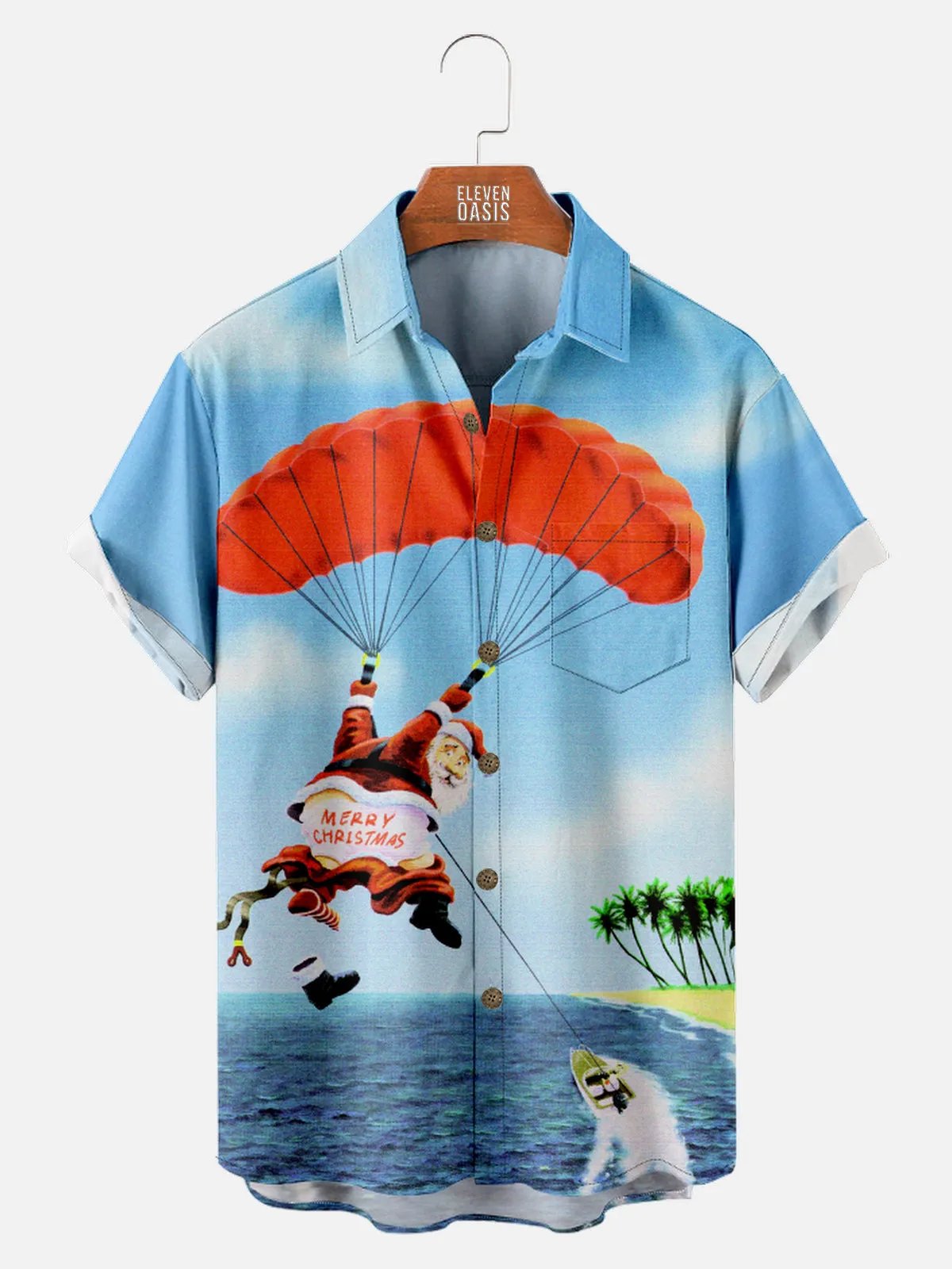 Men's Santa Parasailing Christmas Adventure Short Sleeve Shirt sold by Eleven Oasis