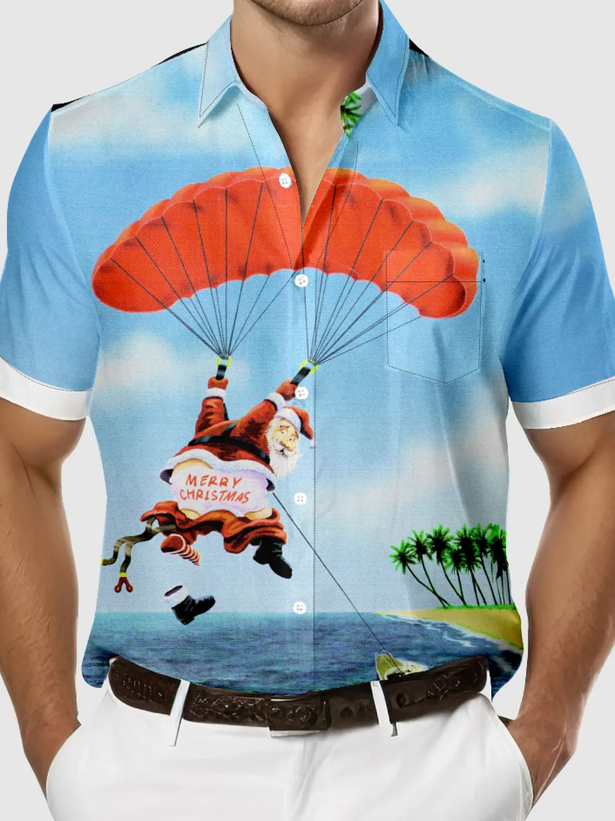 Men's Santa Parasailing Christmas Adventure Short Sleeve Shirt sold by Eleven Oasis product image thumbnail 3