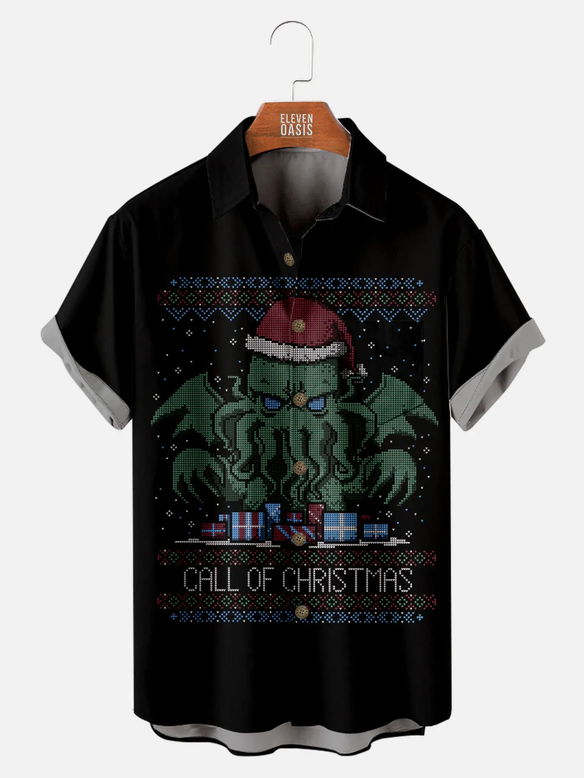 Men's Pixel Art Call of the Christmas Cthulhu Short Sleeve Shirt sold by Eleven Oasis