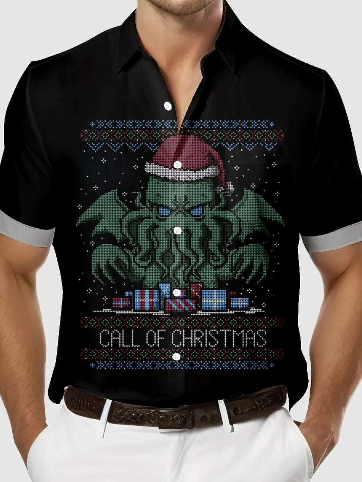 Men's Pixel Art Call of the Christmas Cthulhu Short Sleeve Shirt sold by Eleven Oasis product image thumbnail 3