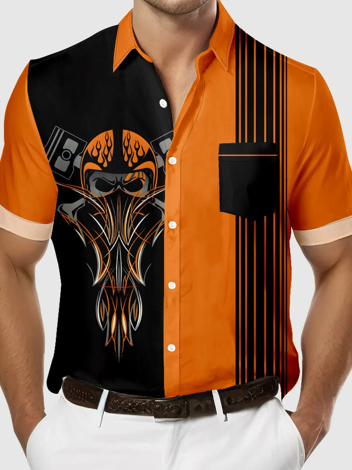 Men's Automotive Skull Pinstripe Design with Stripes Short Sleeve Shirt sold by Eleven Oasis product image thumbnail 3