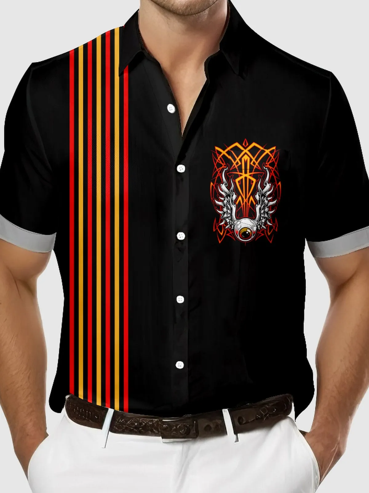 Men's Flaming Eye Wings Pinstripe Short Sleeve Shirt sold by Eleven Oasis product image thumbnail 3