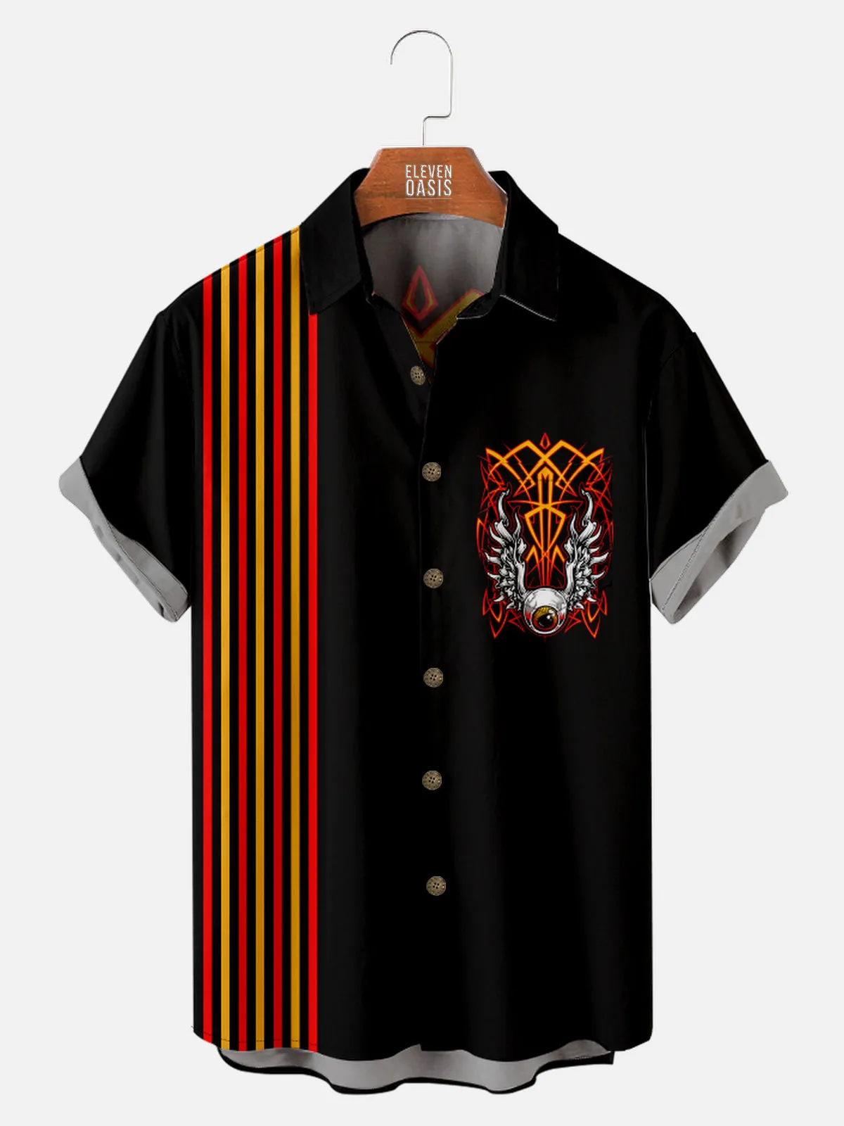Men's Flaming Eye Wings Pinstripe Short Sleeve Shirt sold by Eleven Oasis