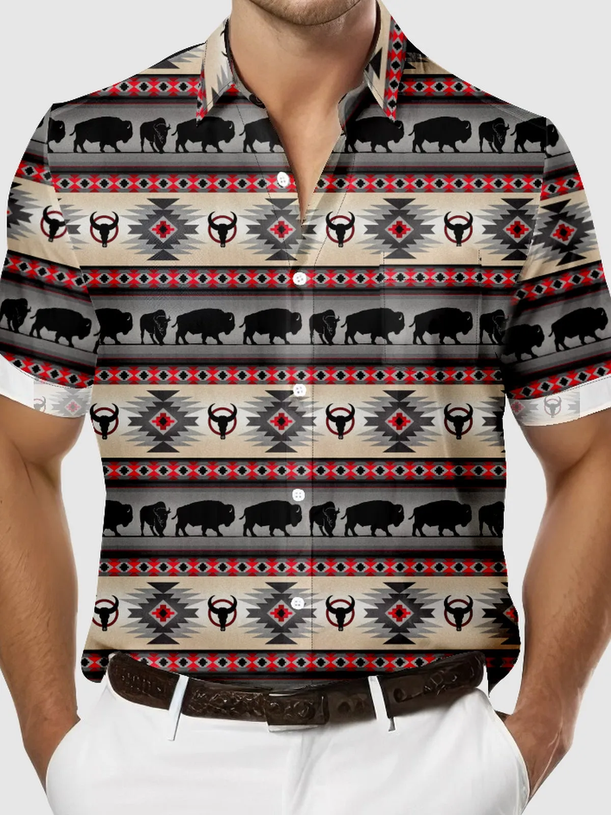 Men's Western Aztec Print Buffalo Short Sleeve Shirt sold by Eleven Oasis product image thumbnail 3