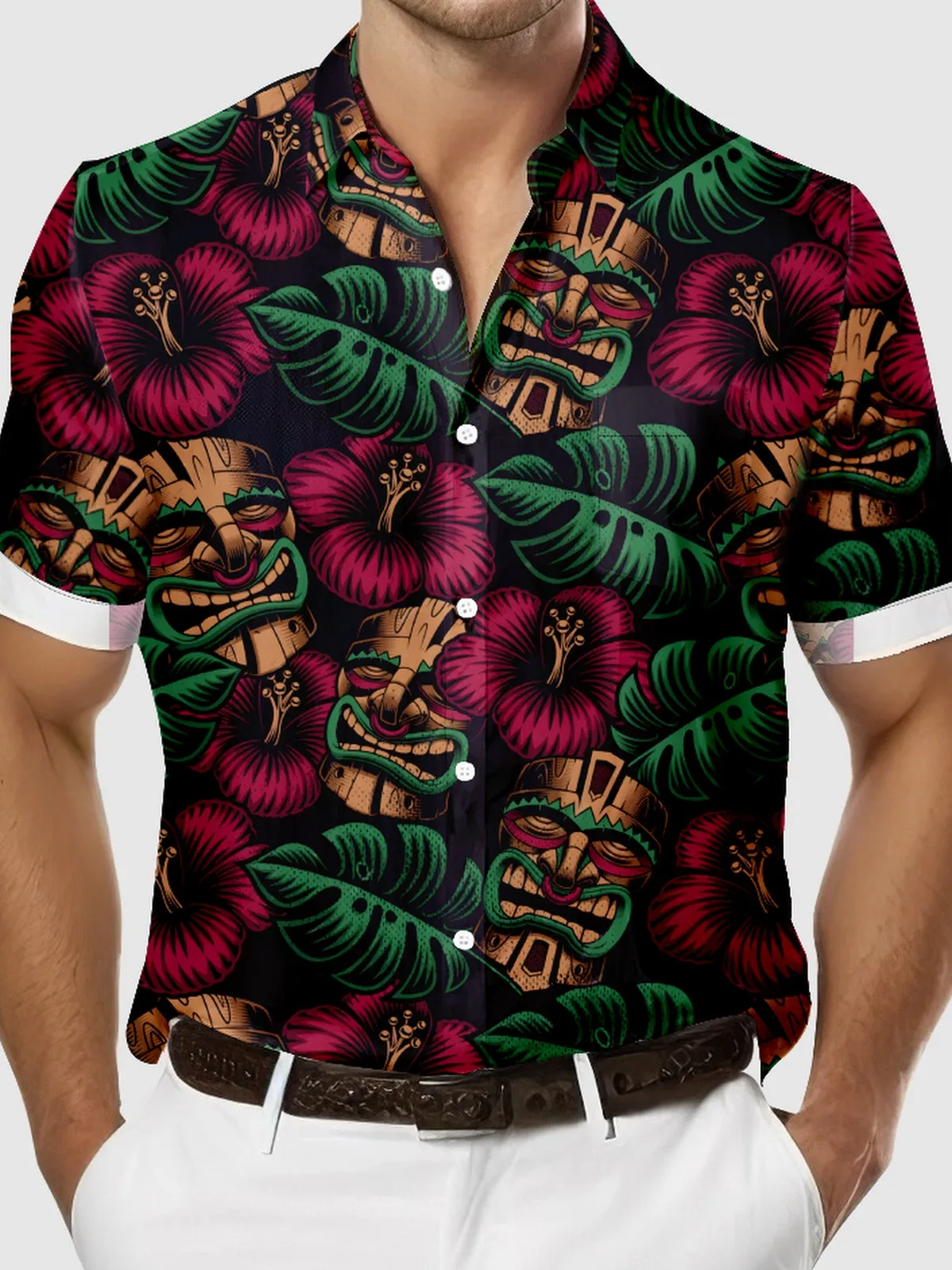 Men's Tiki Mask Tropical Hawaiian Short Sleeve Shirt sold by Eleven Oasis product image thumbnail 3