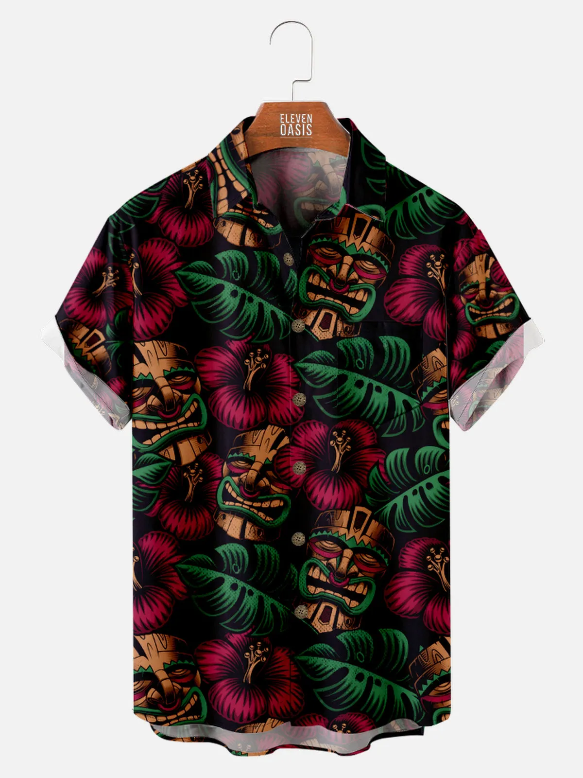 Men's Tiki Mask Tropical Hawaiian Short Sleeve Shirt sold by Eleven Oasis