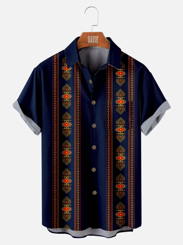 Men's Western Geometric Panel Stripe Short Sleeve Shirt sold by Eleven Oasis