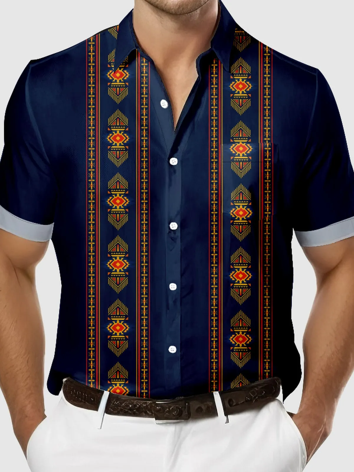 Men's Western Geometric Panel Stripe Short Sleeve Shirt sold by Eleven Oasis product image thumbnail 3