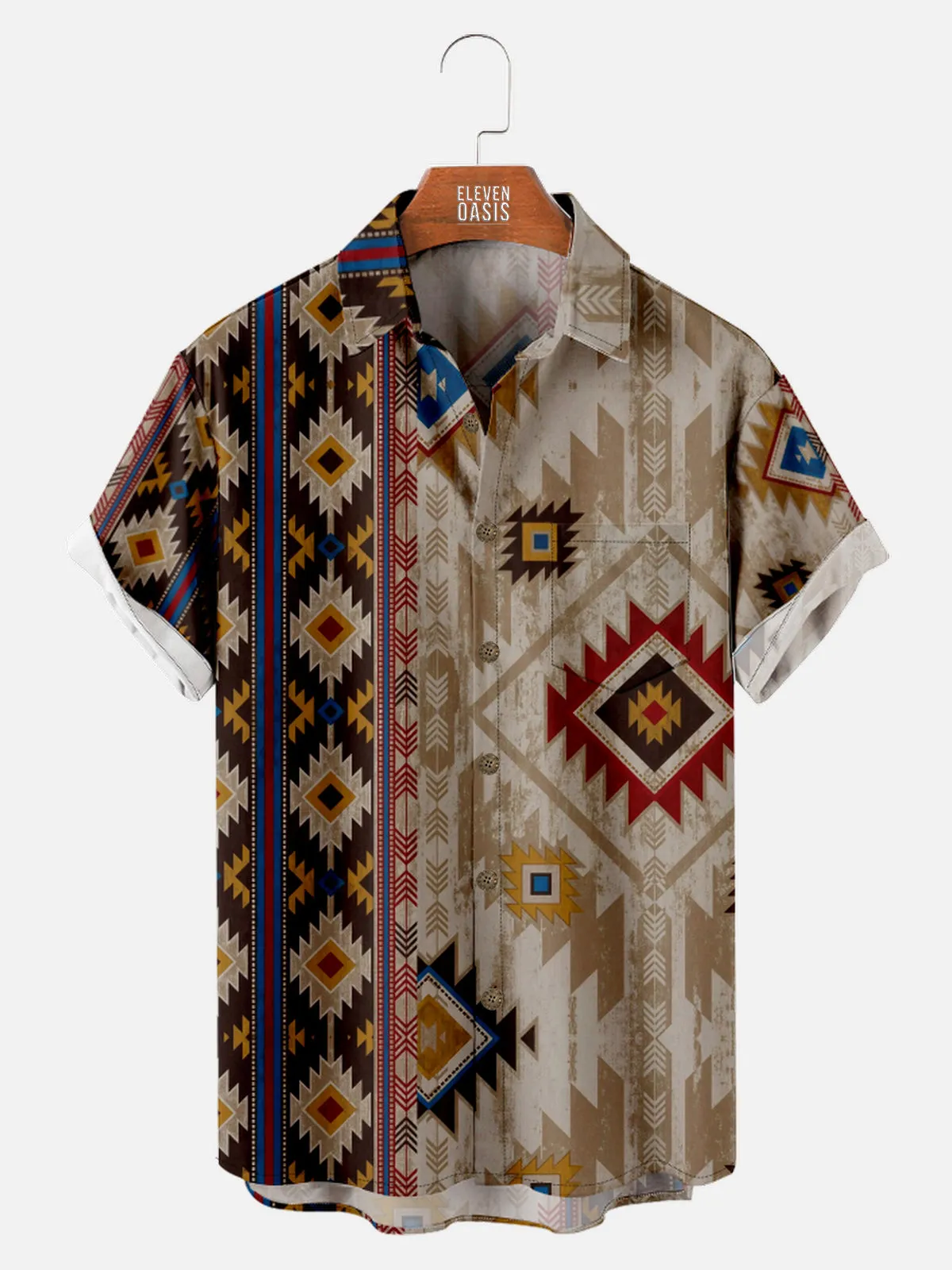 Men's Aztec Print Half and Half Design Short Sleeve Shirt sold by Eleven Oasis