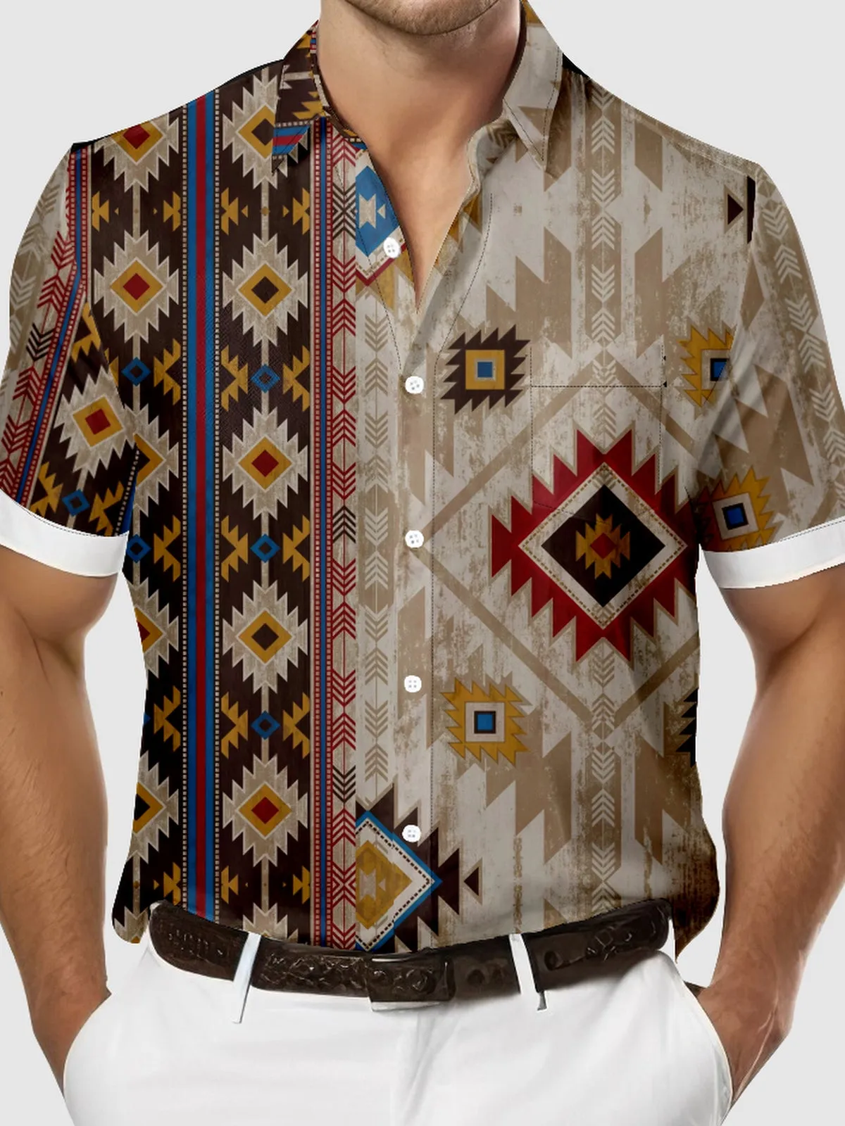 Men's Aztec Print Half and Half Design Short Sleeve Shirt sold by Eleven Oasis product image thumbnail 3