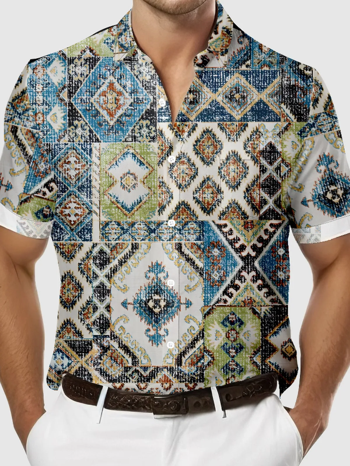 Men's Patchwork Aztec Print Short Sleeve Shirt sold by Eleven Oasis product image thumbnail 3