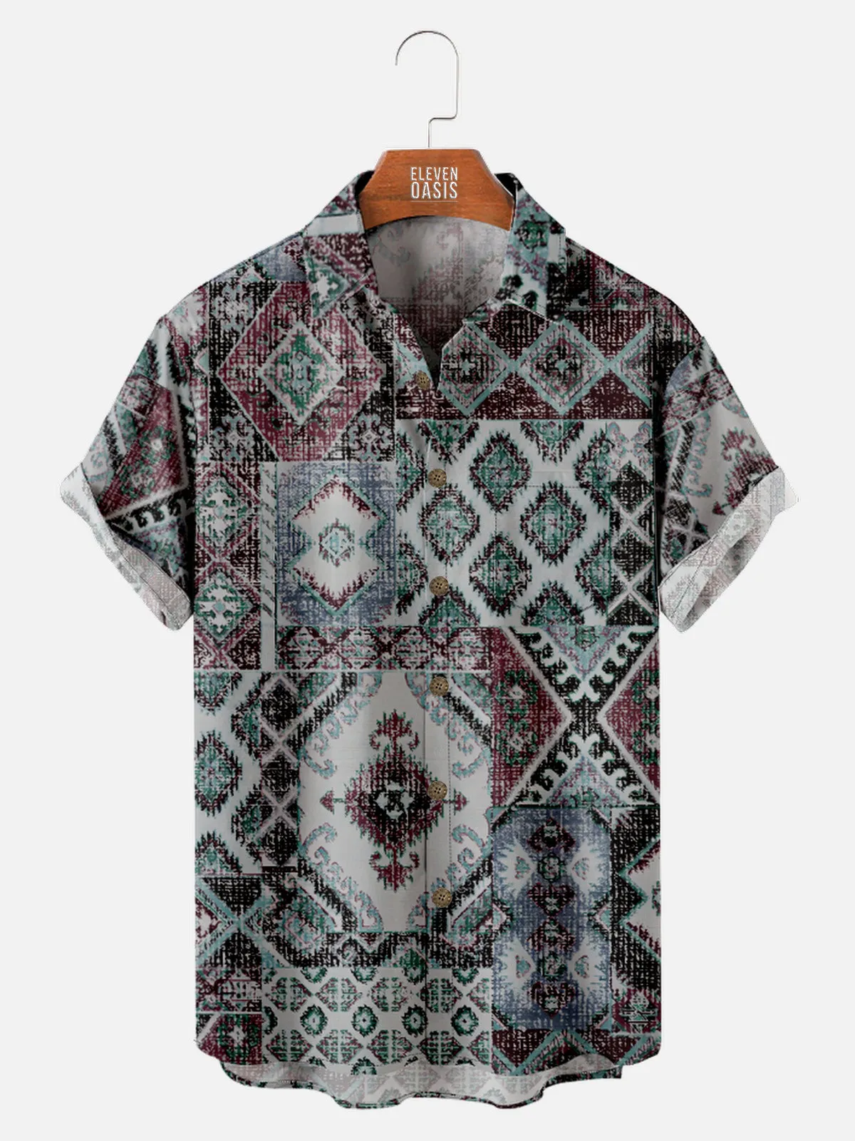 Men's Patchwork Aztec Print Short Sleeve Shirt sold by Eleven Oasis product image thumbnail 5