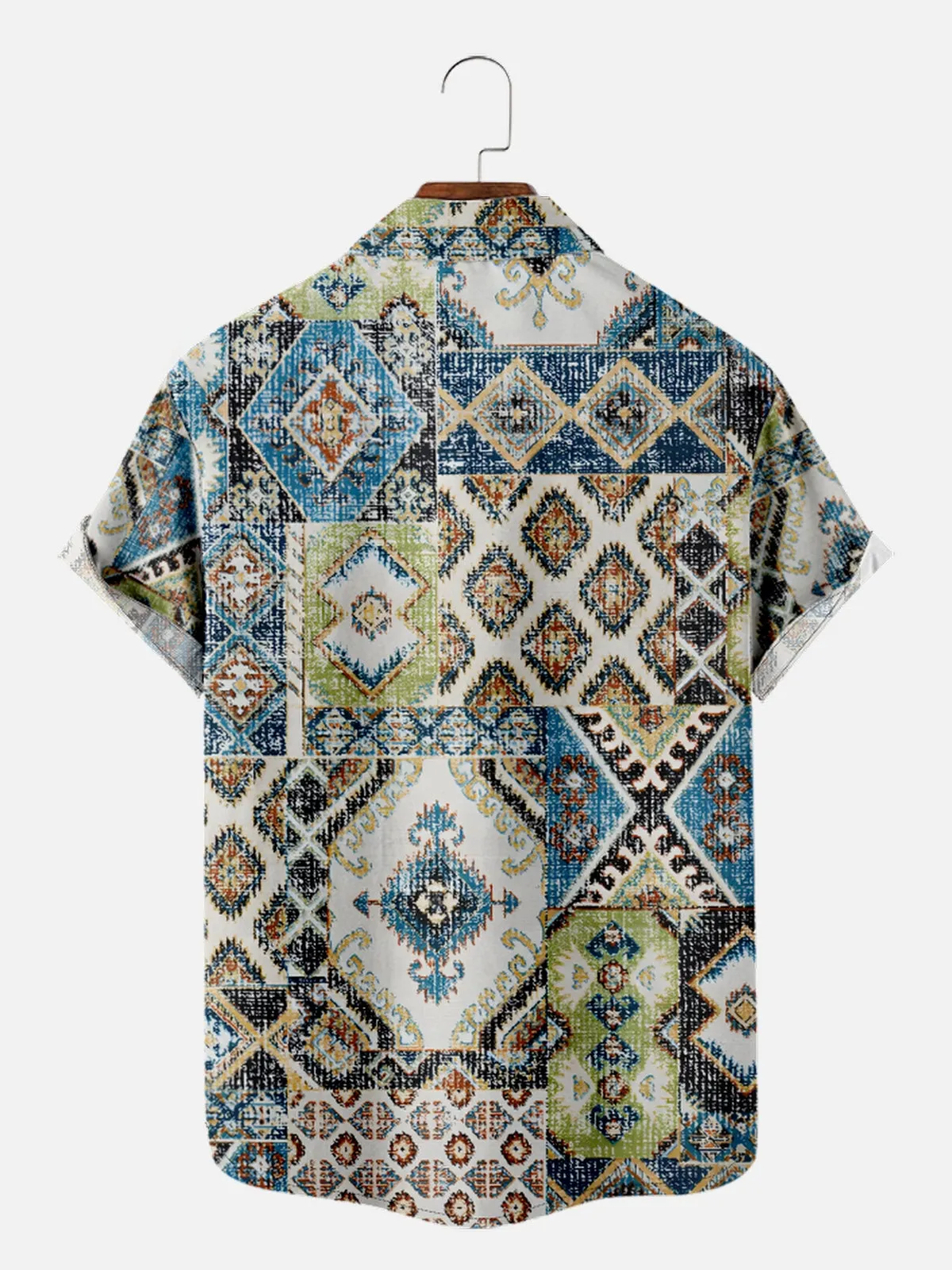 Men's Patchwork Aztec Print Short Sleeve Shirt sold by Eleven Oasis product image thumbnail 2