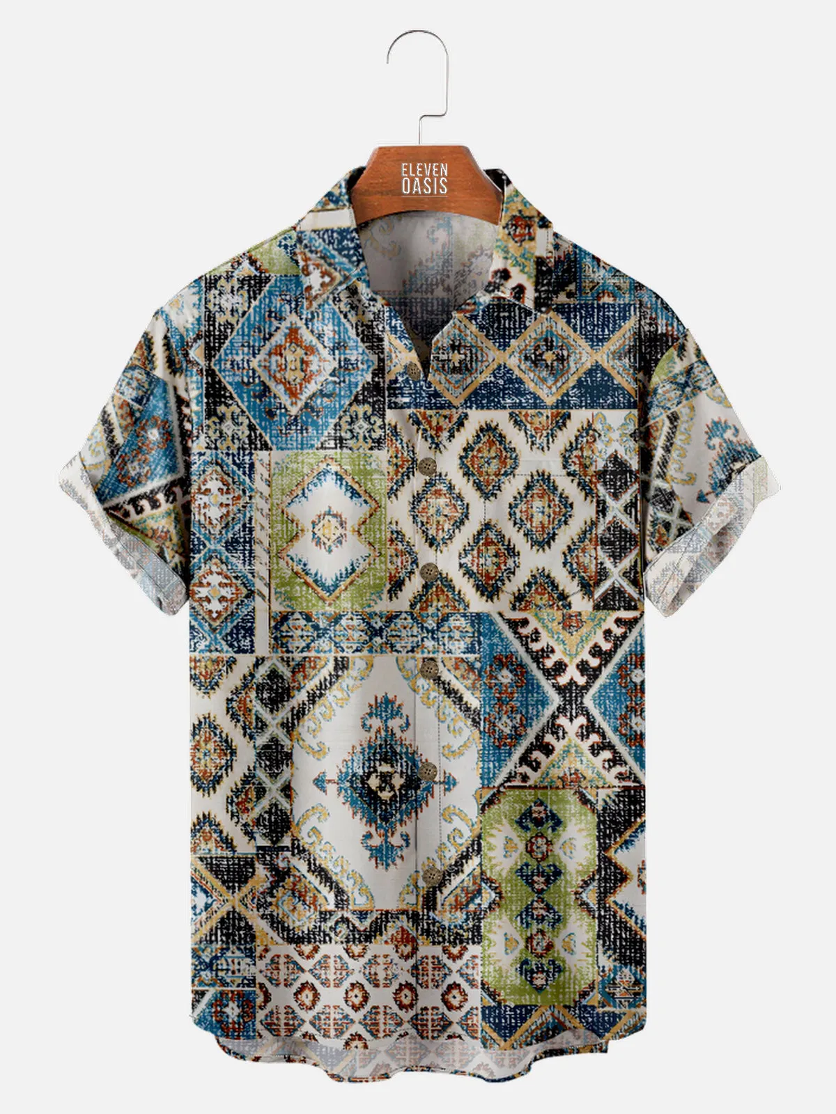 Men's Patchwork Aztec Print Short Sleeve Shirt sold by Eleven Oasis