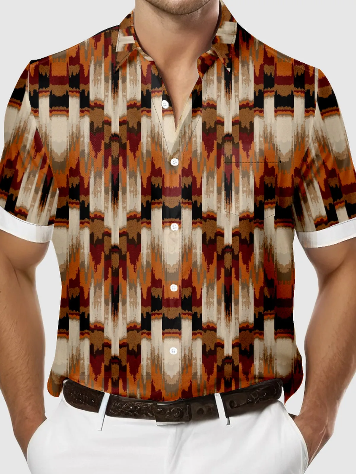Men's Western Aztec Print Fall Hues Short Sleeve Shirt sold by Eleven Oasis product image thumbnail 3