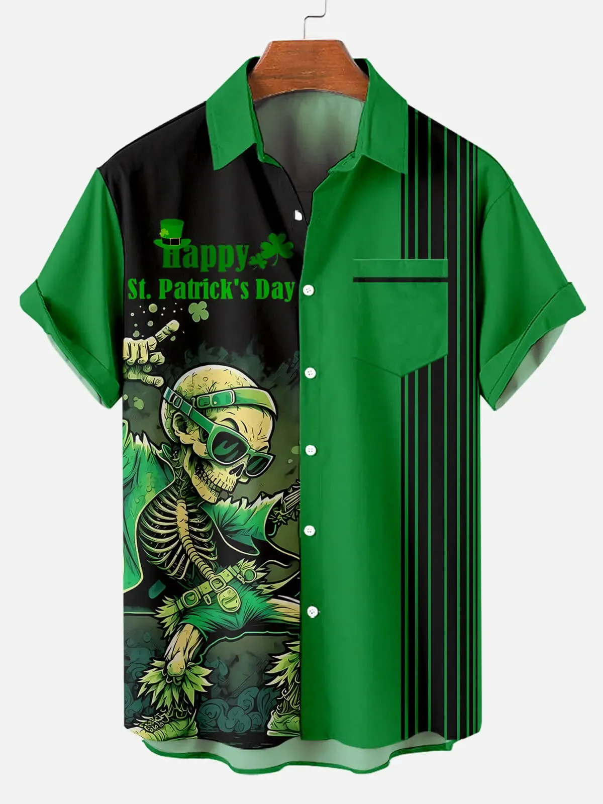 Men's St. Patrick's Party Skeleton Skull Contrast Stripe Print Short Sleeve Shirt sold by Eleven Oasis