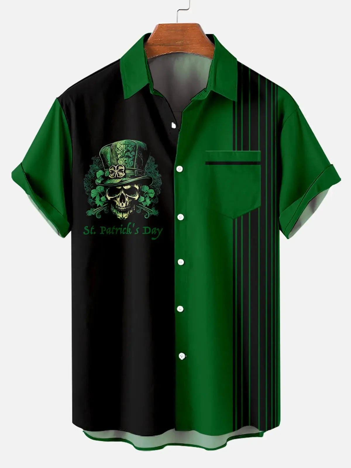 Men's Skull and Shamrock Stripe St. Patrick's Day Short Sleeve Shirt sold by Eleven Oasis