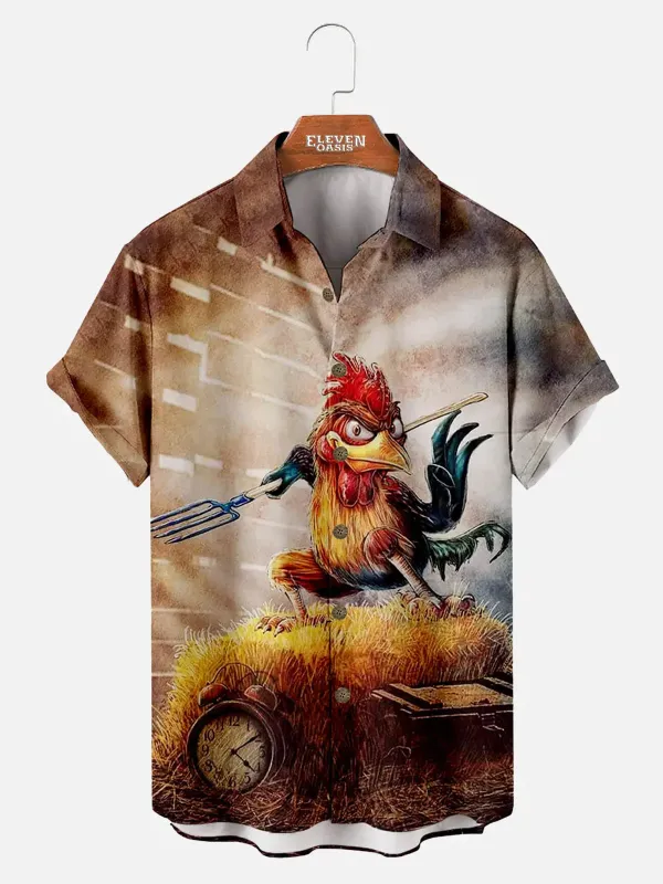 Tall Men's Rooster Pitchfork Short Sleeve Shirt sold by Eleven Oasis