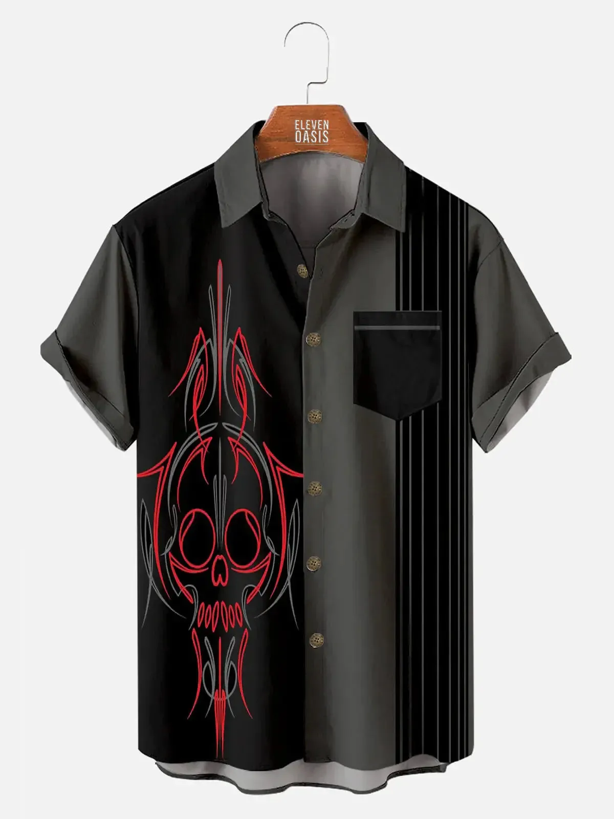 Tall Men's Red Pinstripe Skull Short Sleeve Shirt sold by Eleven Oasis