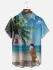 Tall Men's Naked Santa Running on the Beach to a Christmas Stocking Palm Tree Short Sleeve Shirt sold by Eleven Oasis