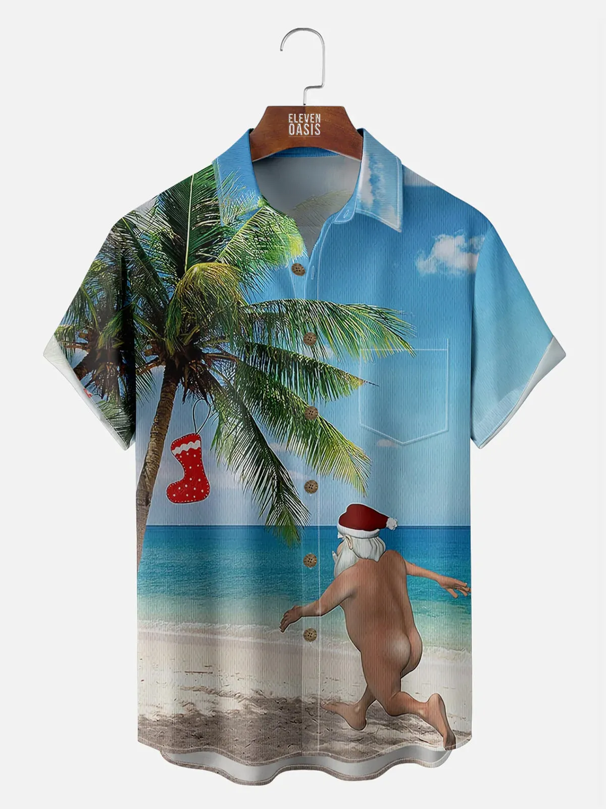 Tall Men's Naked Santa Running on the Beach to a Christmas Stocking Palm Tree Short Sleeve Shirt sold by Eleven Oasis