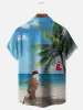 Tall Men's Naked Santa Running on the Beach to a Christmas Stocking Palm Tree Short Sleeve Shirt sold by Eleven Oasis