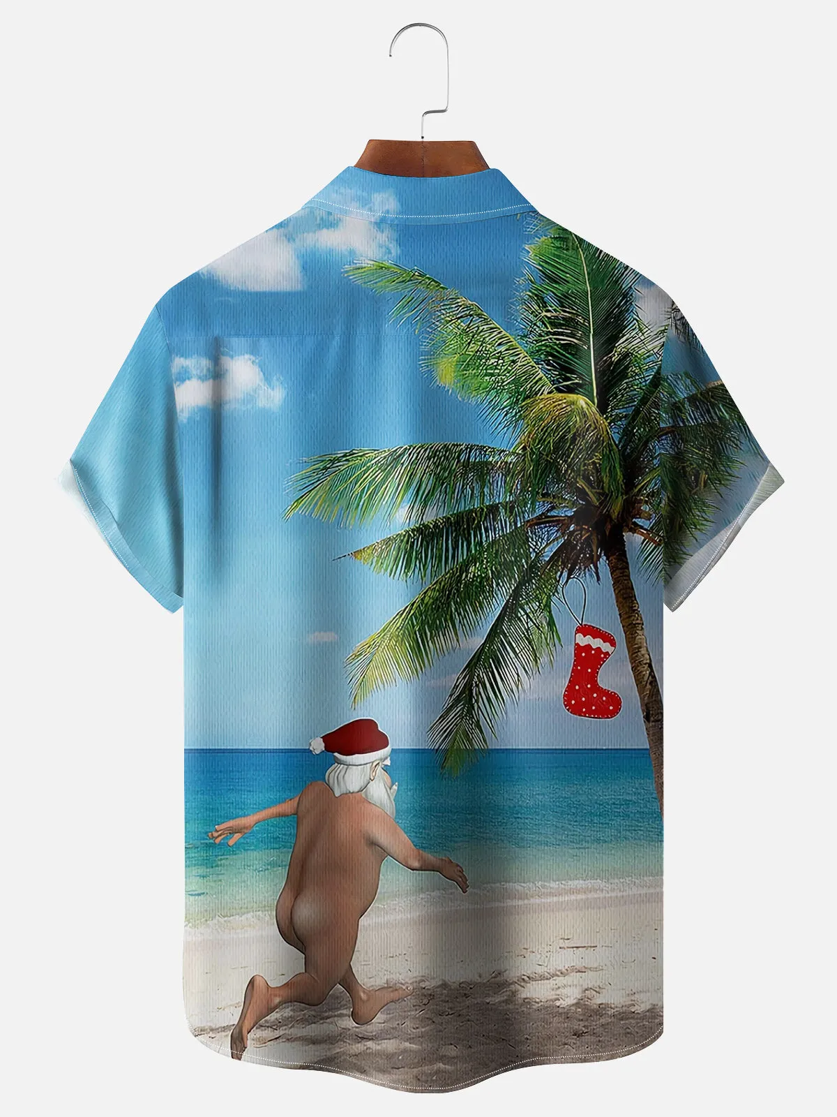 Tall Men's Naked Santa Running on the Beach to a Christmas Stocking Palm Tree Short Sleeve Shirt sold by Eleven Oasis product image thumbnail 2