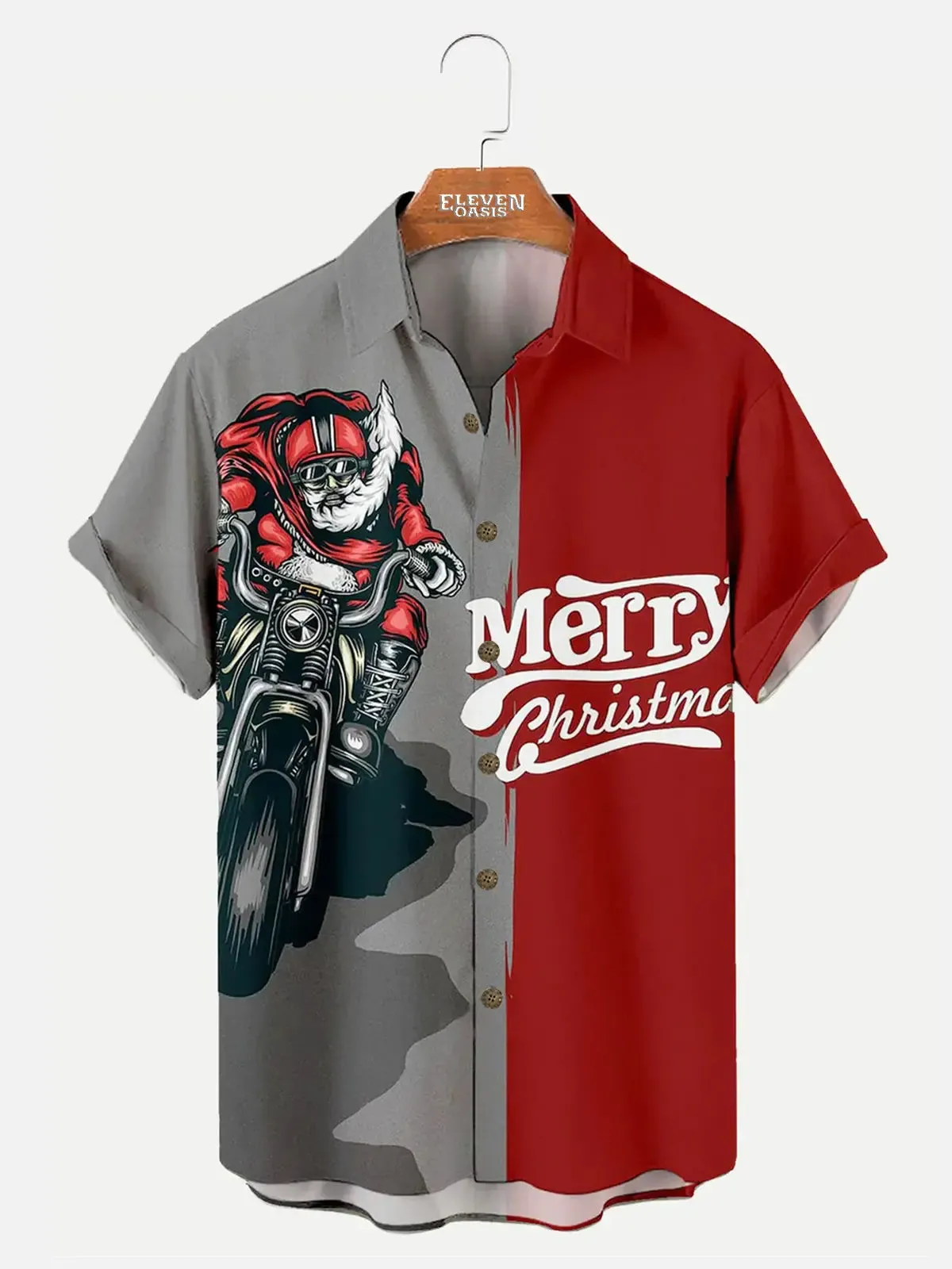 Tall Men's Biker Santa Christmas Short Sleeve Shirt sold by Eleven Oasis