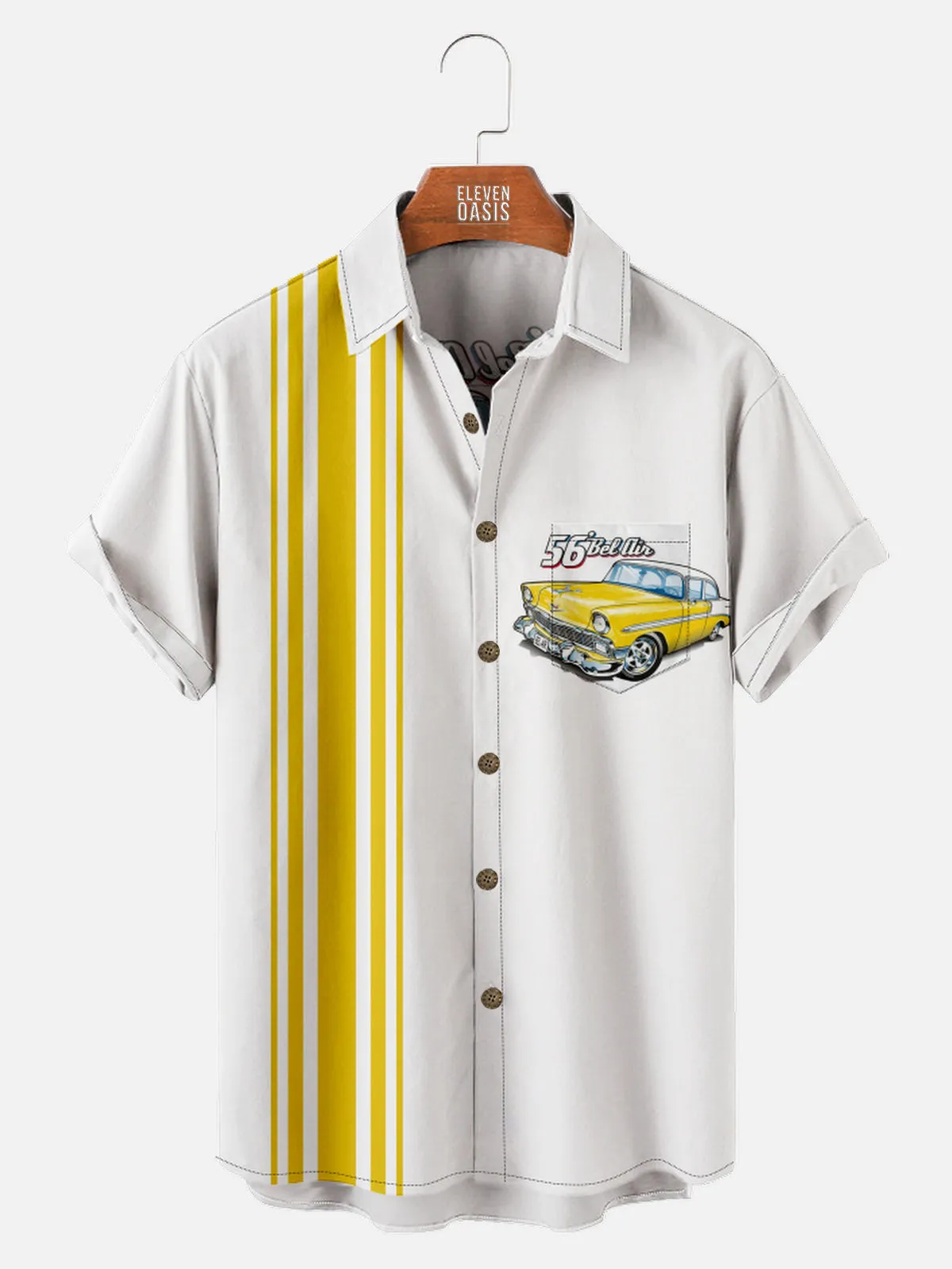 Tall Men's 1956 Chevrolet Bel Air Racing Stripe Short Sleeve Shirt sold by Eleven Oasis