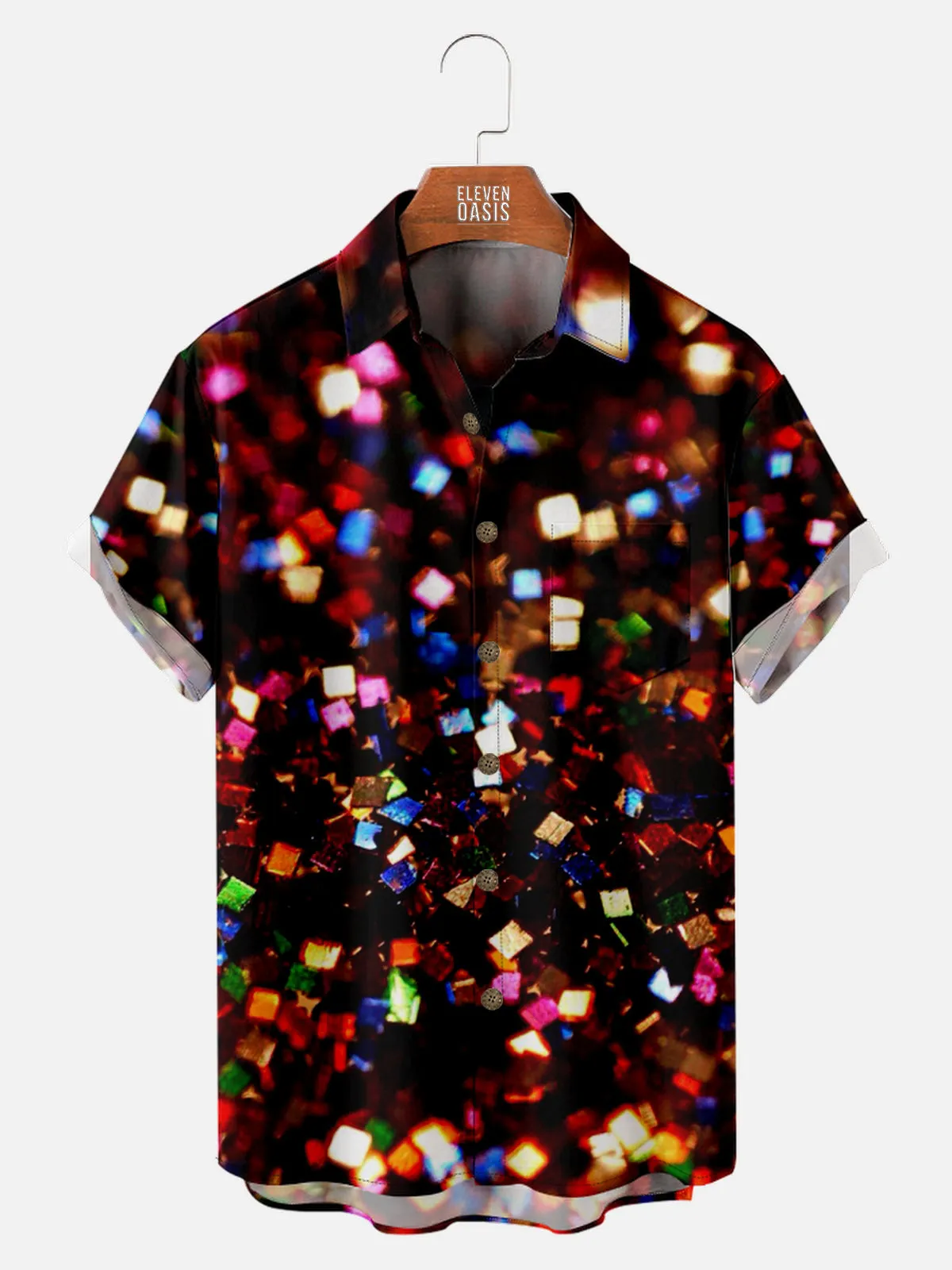Men's Close-up of Colorful Metallic Confetti Party Short Sleeve Shirt sold by Eleven Oasis