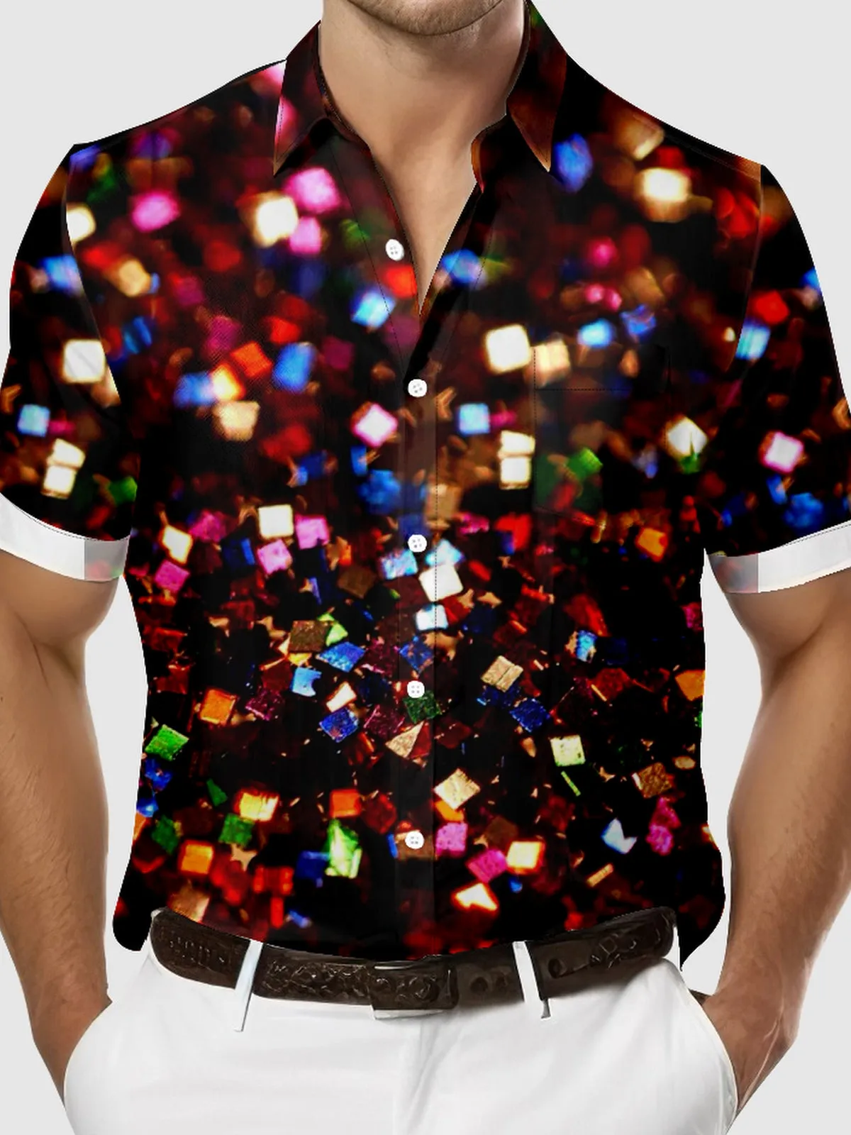 Men's Close-up of Colorful Metallic Confetti Party Short Sleeve Shirt sold by Eleven Oasis product image thumbnail 3