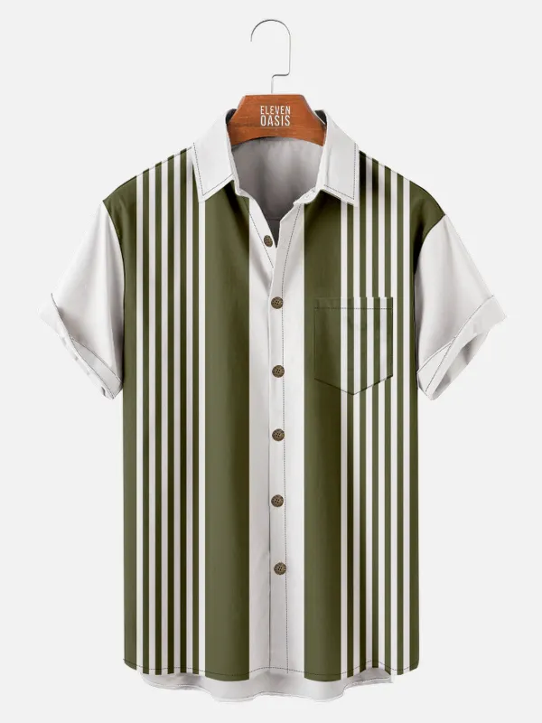 Men's Green Stripe Bowling Short Sleeve Shirt sold by Eleven Oasis
