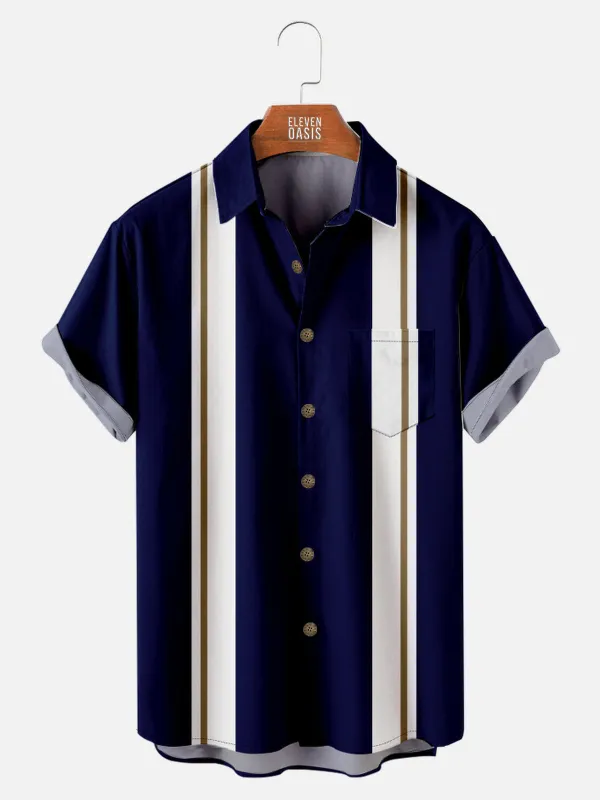 Men's Navy Panel Stripe Bowling Short Sleeve Shirt sold by Eleven Oasis