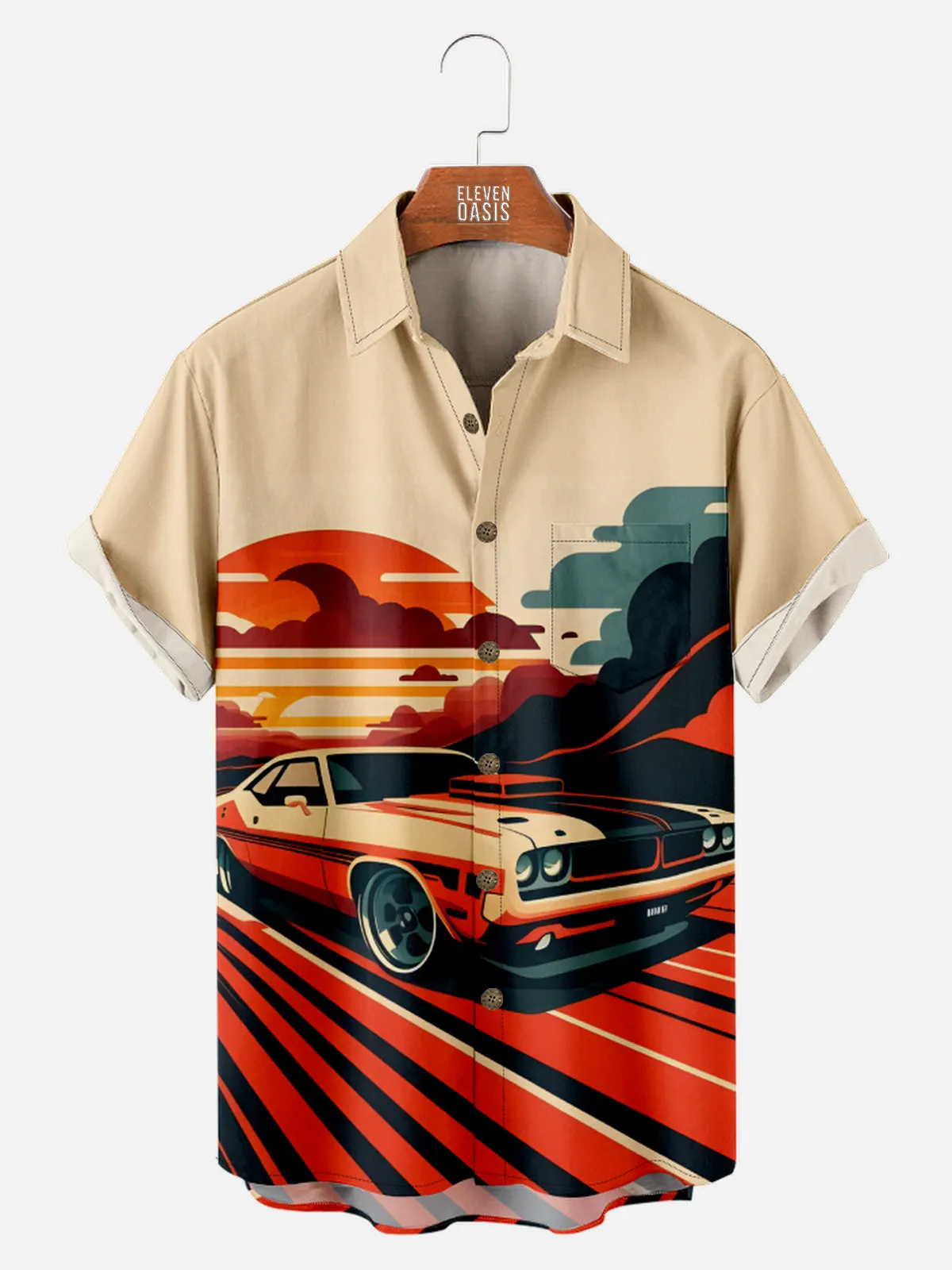 Men's Graphic Style Muscle Car Driving in the Sunset Short Sleeve Shirt sold by Eleven Oasis