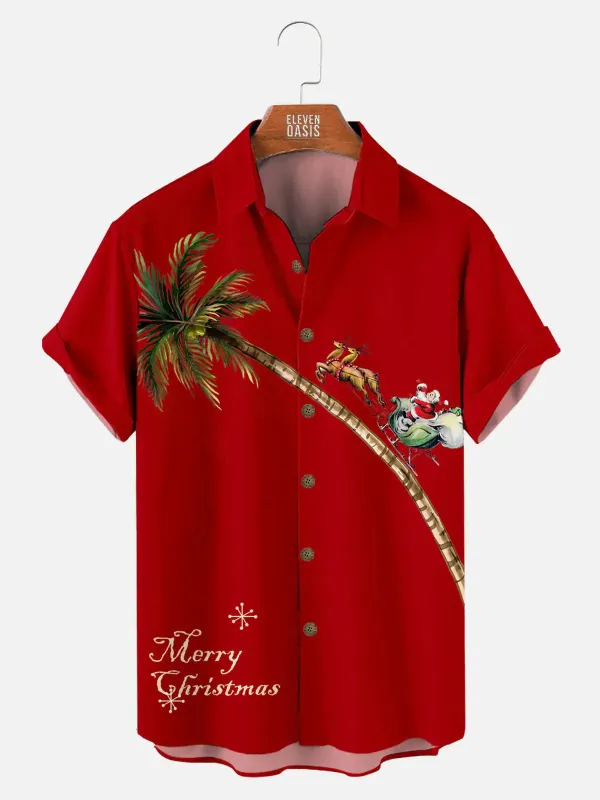 Tall Men's Merry Christmas Palm Tree Short Sleeve Shirt sold by Eleven Oasis