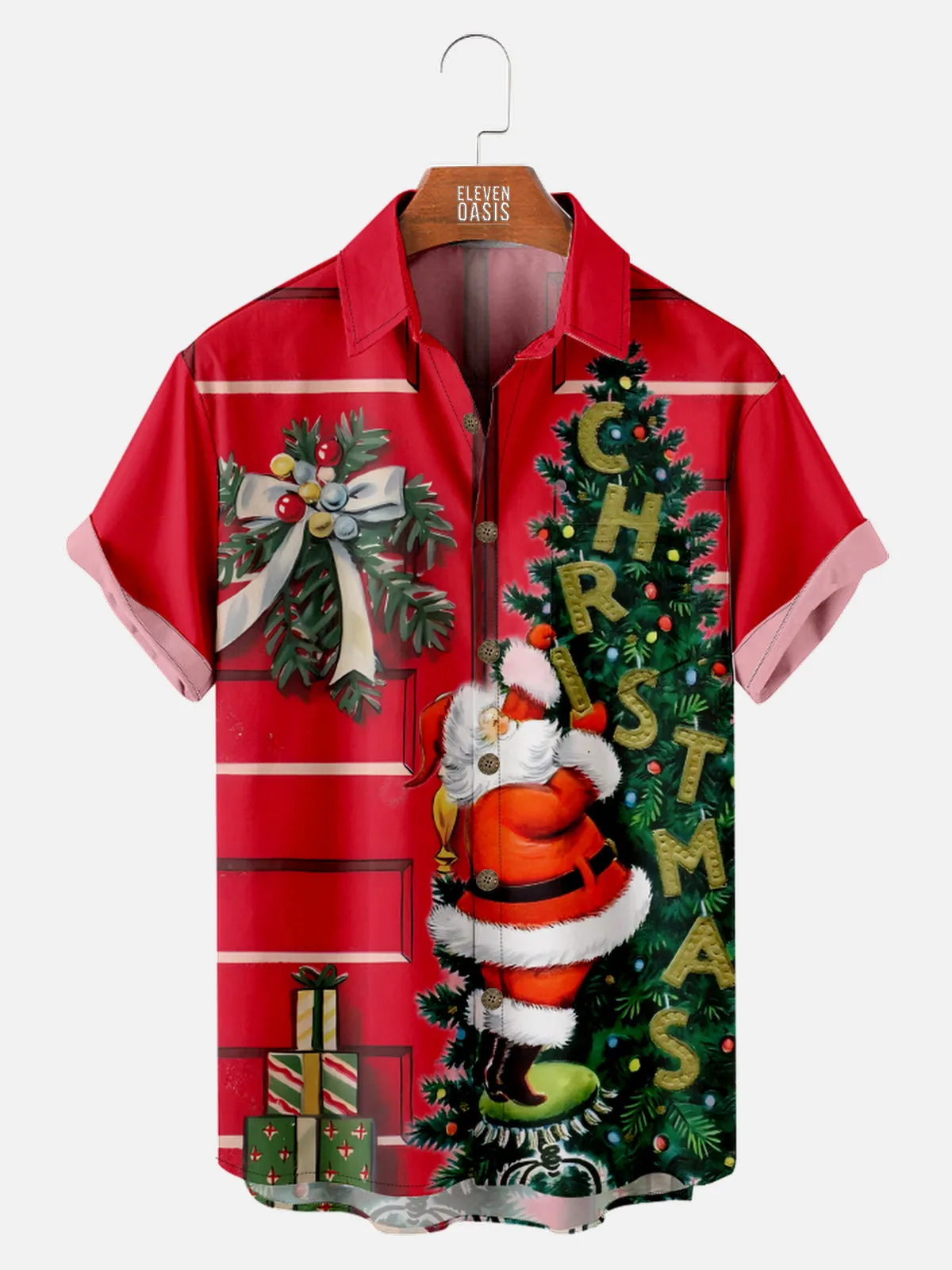 Men's Santa Decorating Christmas Tree Short Sleeve Shirt sold by Eleven Oasis