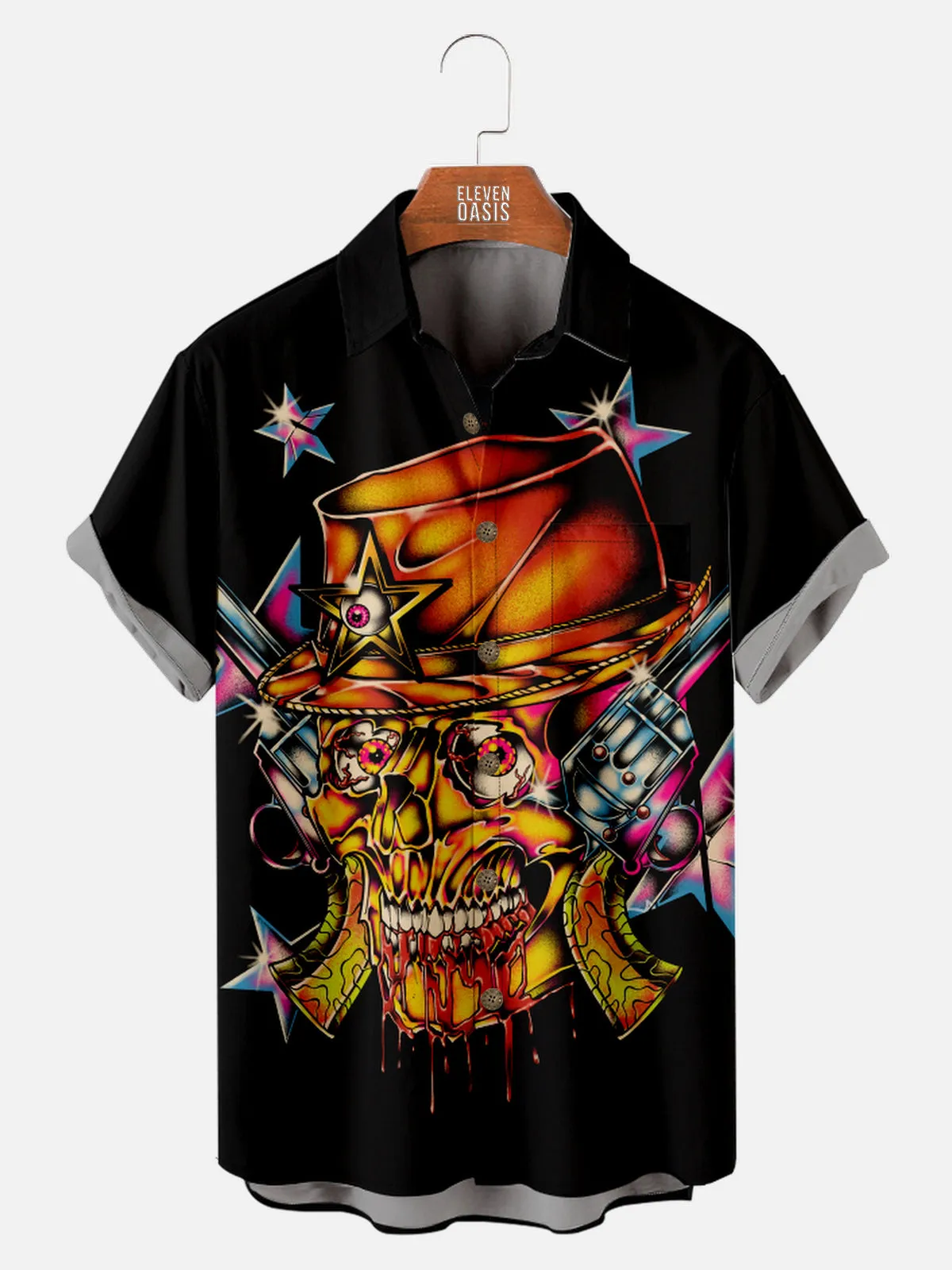 Men's Graffiti Style Cowboy Skull Short Sleeve Shirt sold by Eleven Oasis