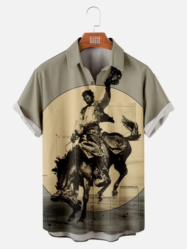 Men's Hand Sketched Cowboy Breaking Horse Short Sleeve Shirt sold by Eleven Oasis