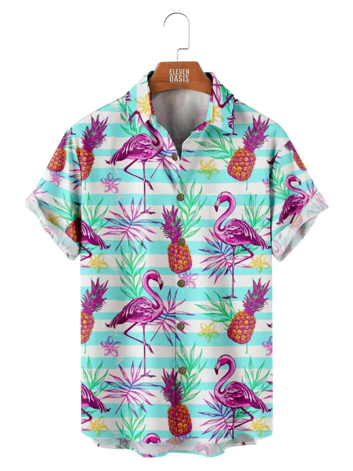 Tall Men's Flamingo Pineapple Tropical Hawaiian Short Sleeve Shirt sold by Eleven Oasis