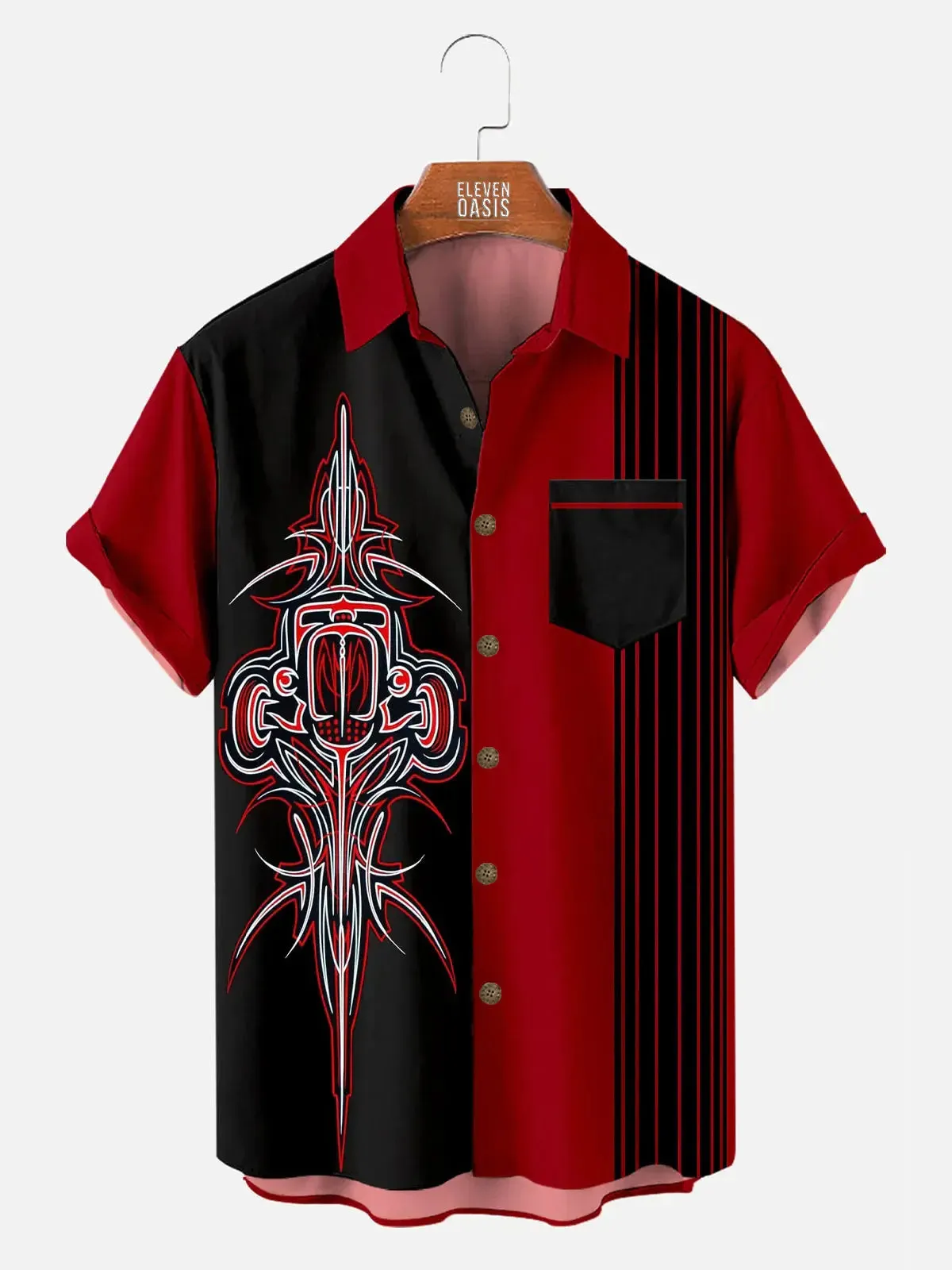 Tall Men's Red and Black Pinstripe Engine Art Short Sleeve Shirt sold by Eleven Oasis
