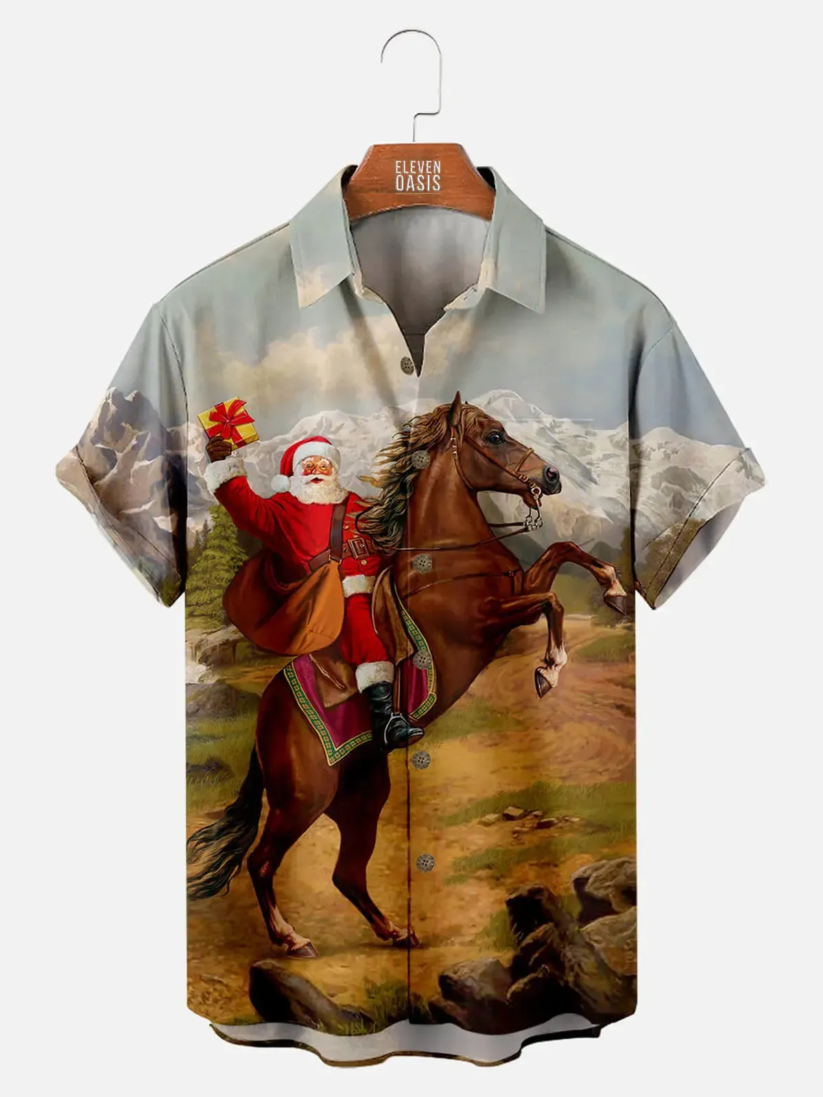 Tall Men's Christmas Santa Cowboy Horse Short Sleeve Shirt sold by Eleven Oasis