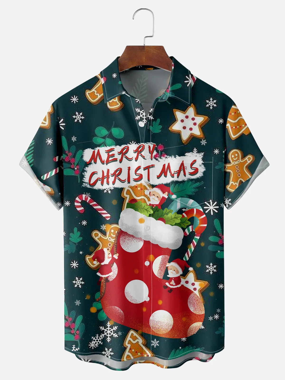 Men's Christmas Stocking and Cookie Print Short Sleeve Shirt sold by Eleven Oasis