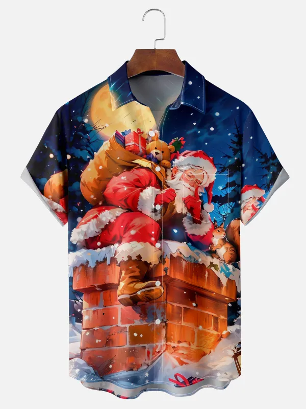 Men's Santa Going Down the Chimney Short Sleeve Shirt sold by Eleven Oasis
