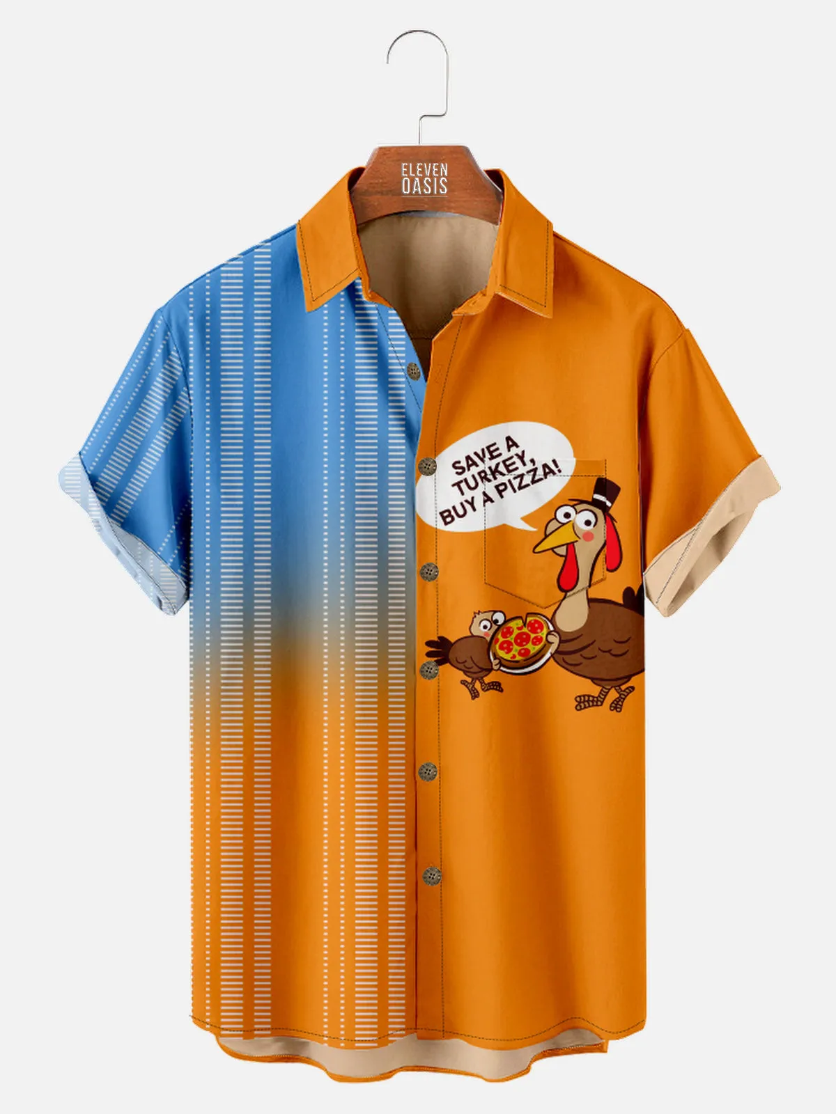 Men's Happy Thanksgiving Eat Pizza Striped Short Sleeve Shirt sold by Eleven Oasis