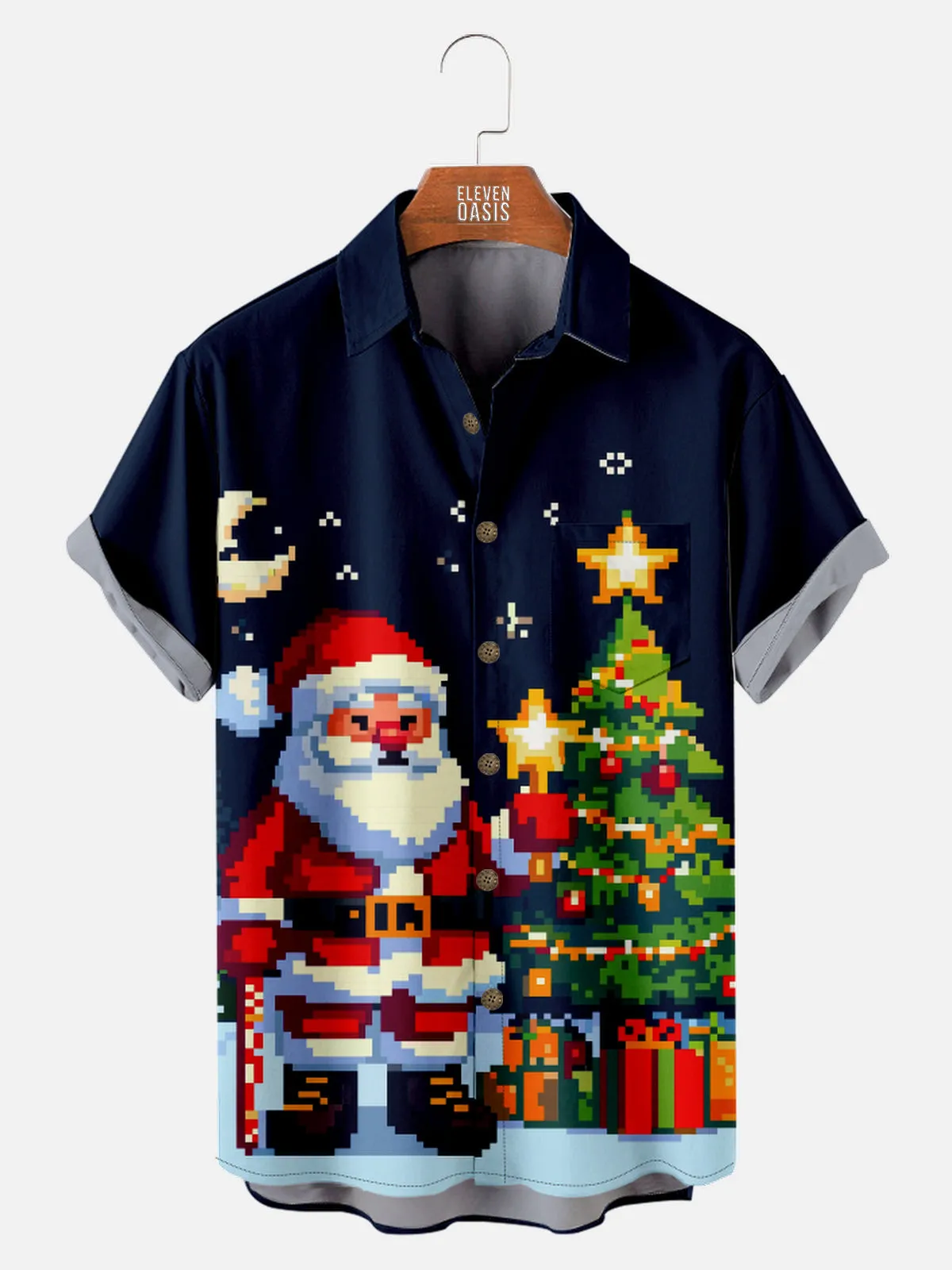 Men's Pixel Art Christmas Santa with Presents and Tree Short Sleeve Shirt sold by Eleven Oasis
